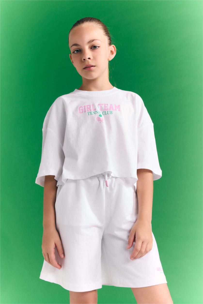 Kız Çocuk - Genç Kız Beyaz Bisiklet Yaka Baskılı Kısa Kollu Crop Tişört Kız Çocuk