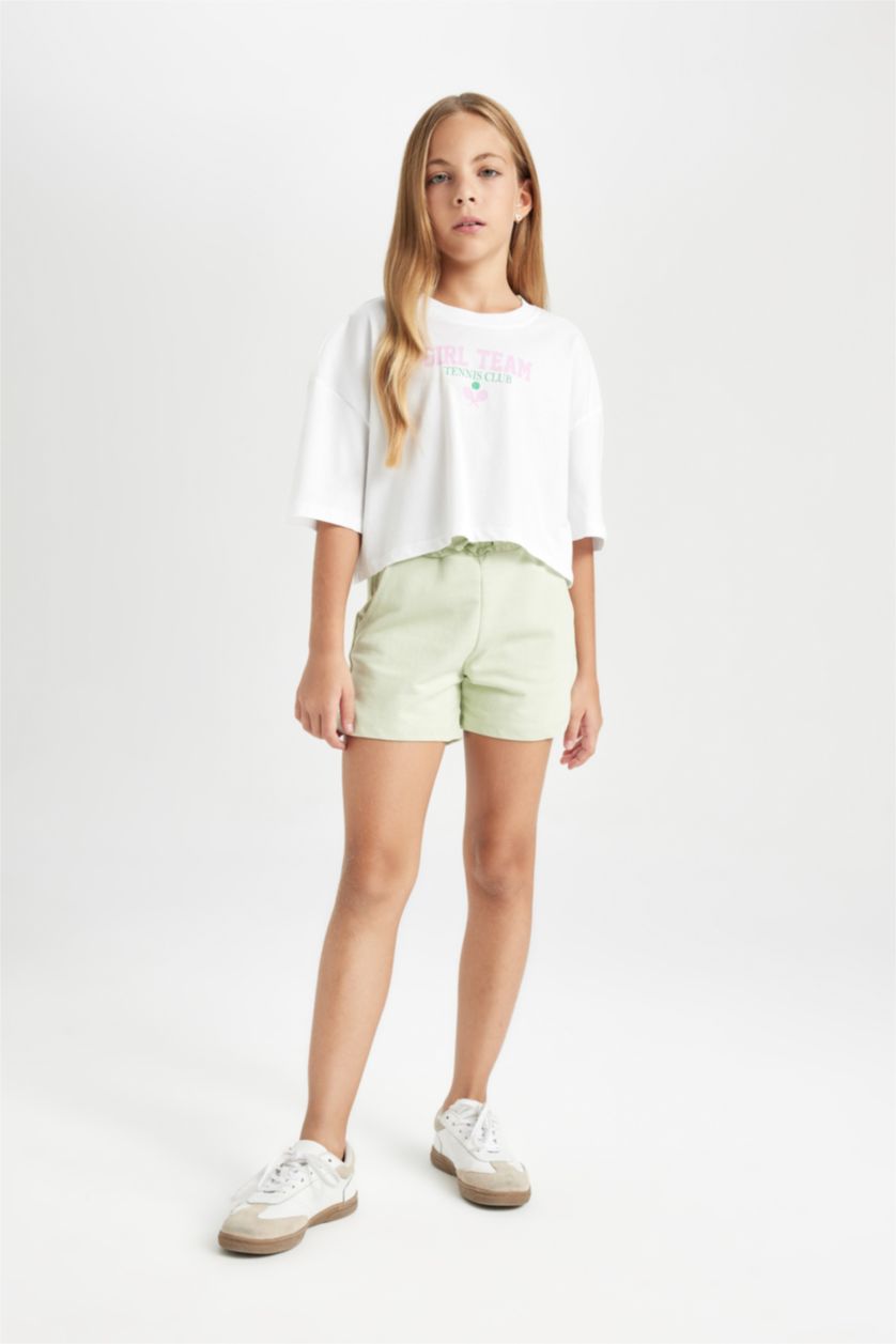 Kız Çocuk - Genç Kız Beyaz Bisiklet Yaka Baskılı Kısa Kollu Crop Tişört Kız Çocuk