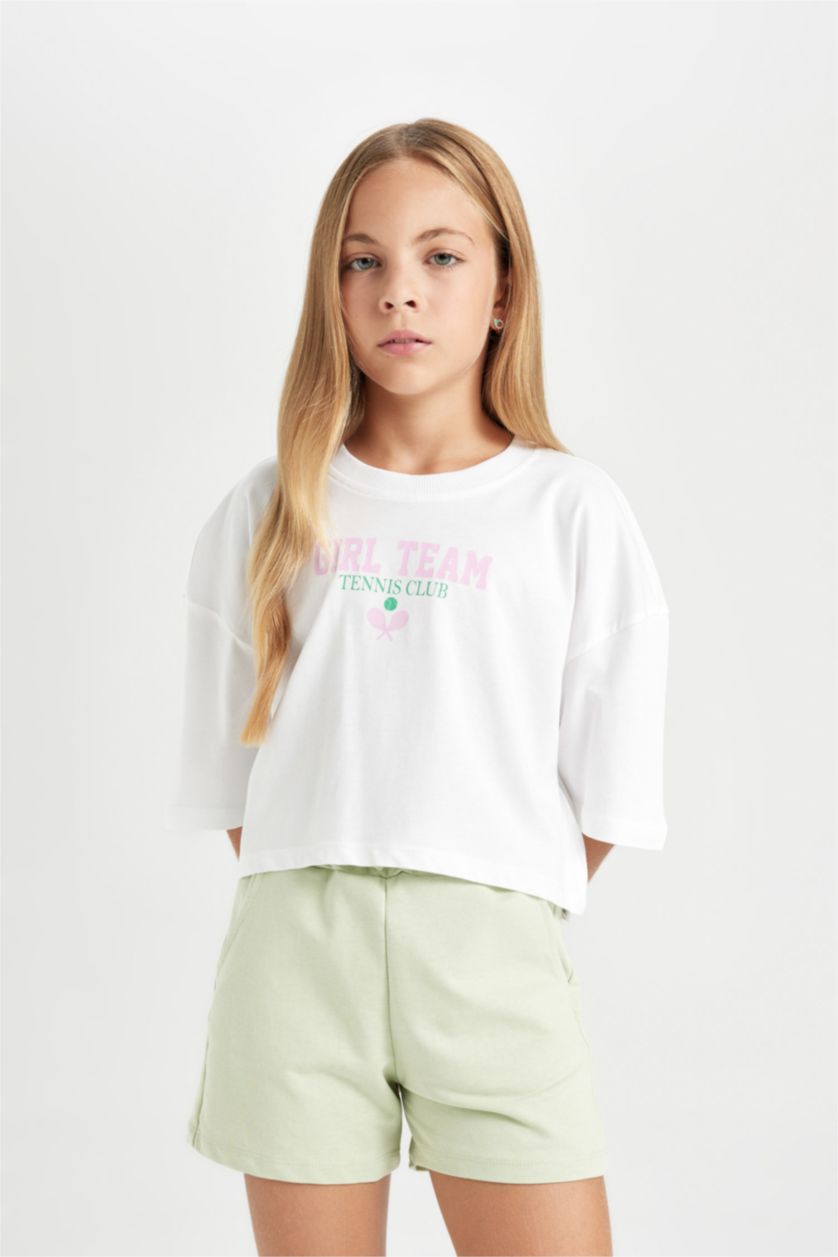 Kız Çocuk - Genç Kız Beyaz Bisiklet Yaka Baskılı Kısa Kollu Crop Tişört Kız Çocuk