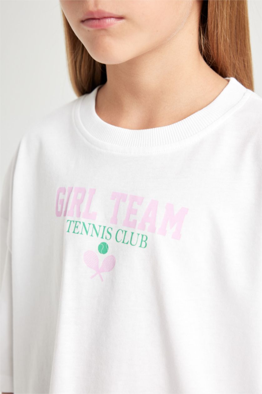 Kız Çocuk - Genç Kız Beyaz Bisiklet Yaka Baskılı Kısa Kollu Crop Tişört Kız Çocuk