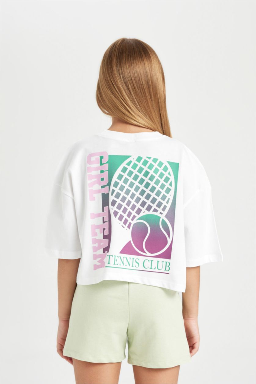 Kız Çocuk - Genç Kız Beyaz Bisiklet Yaka Baskılı Kısa Kollu Crop Tişört Kız Çocuk