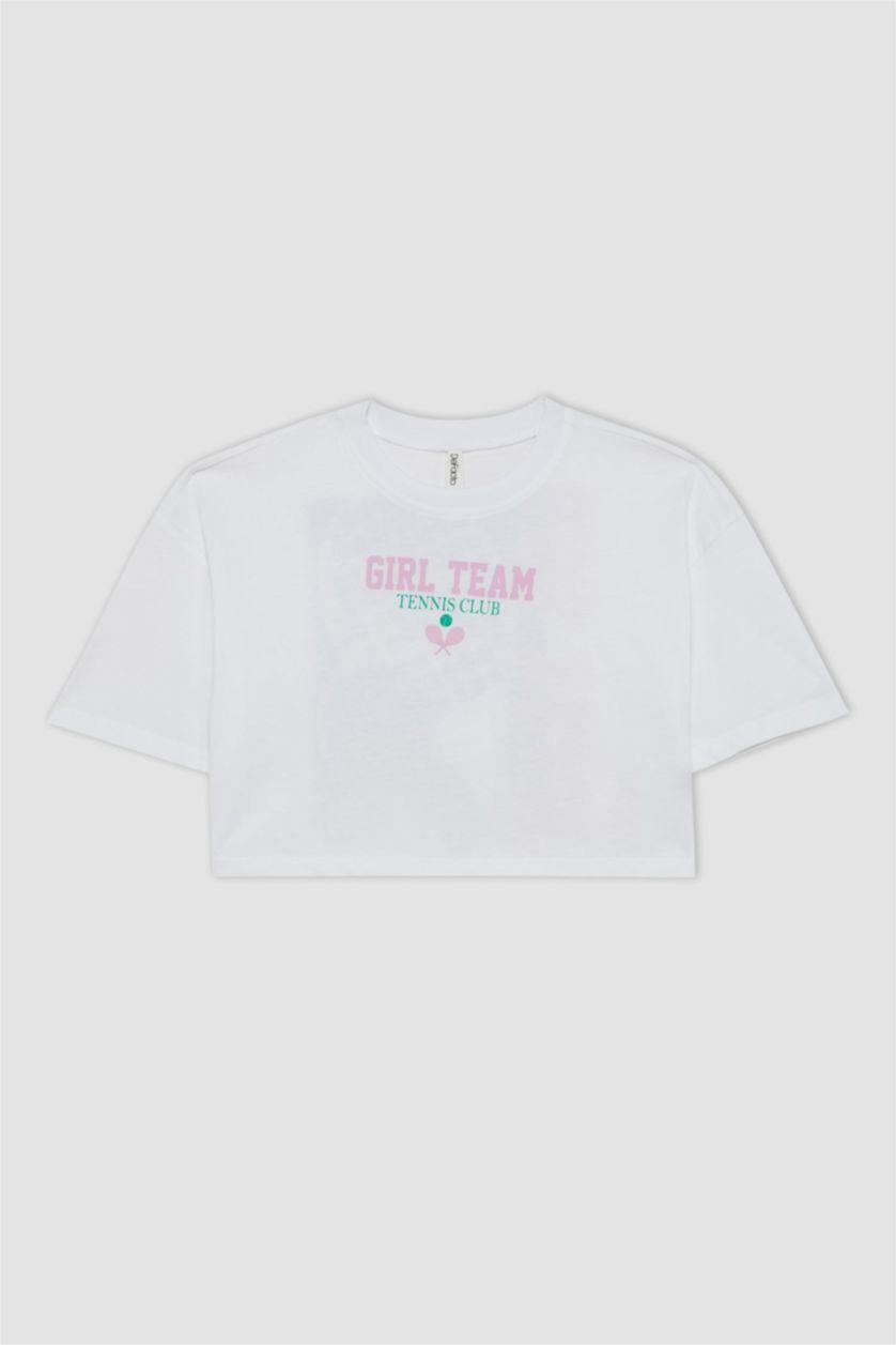 Kız Çocuk - Genç Kız Beyaz Bisiklet Yaka Baskılı Kısa Kollu Crop Tişört Kız Çocuk