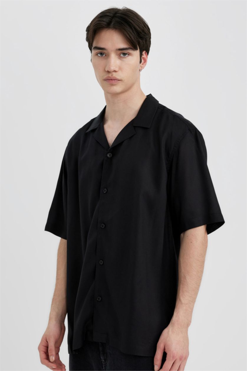 MAN Black Regular Fit Apache Neck Viscose Short Sleeve Shirt