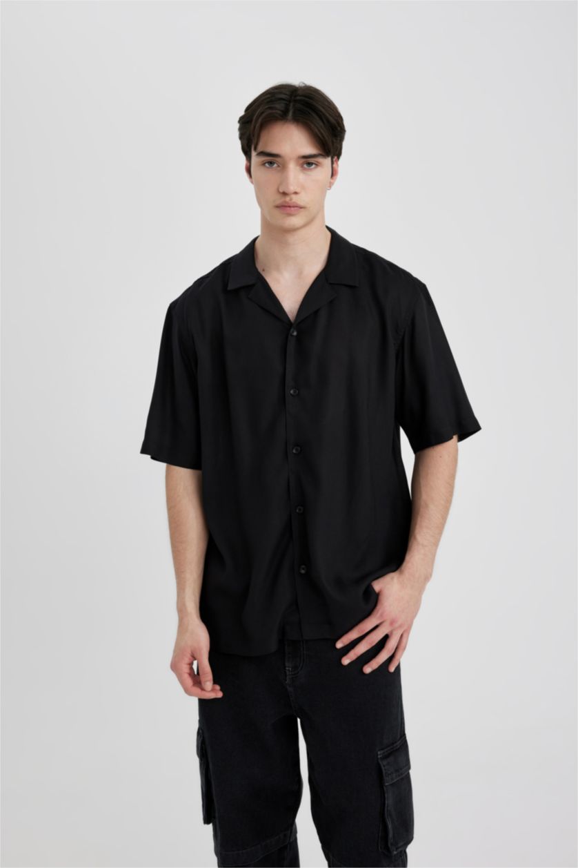 MAN Black Regular Fit Apache Neck Viscose Short Sleeve Shirt