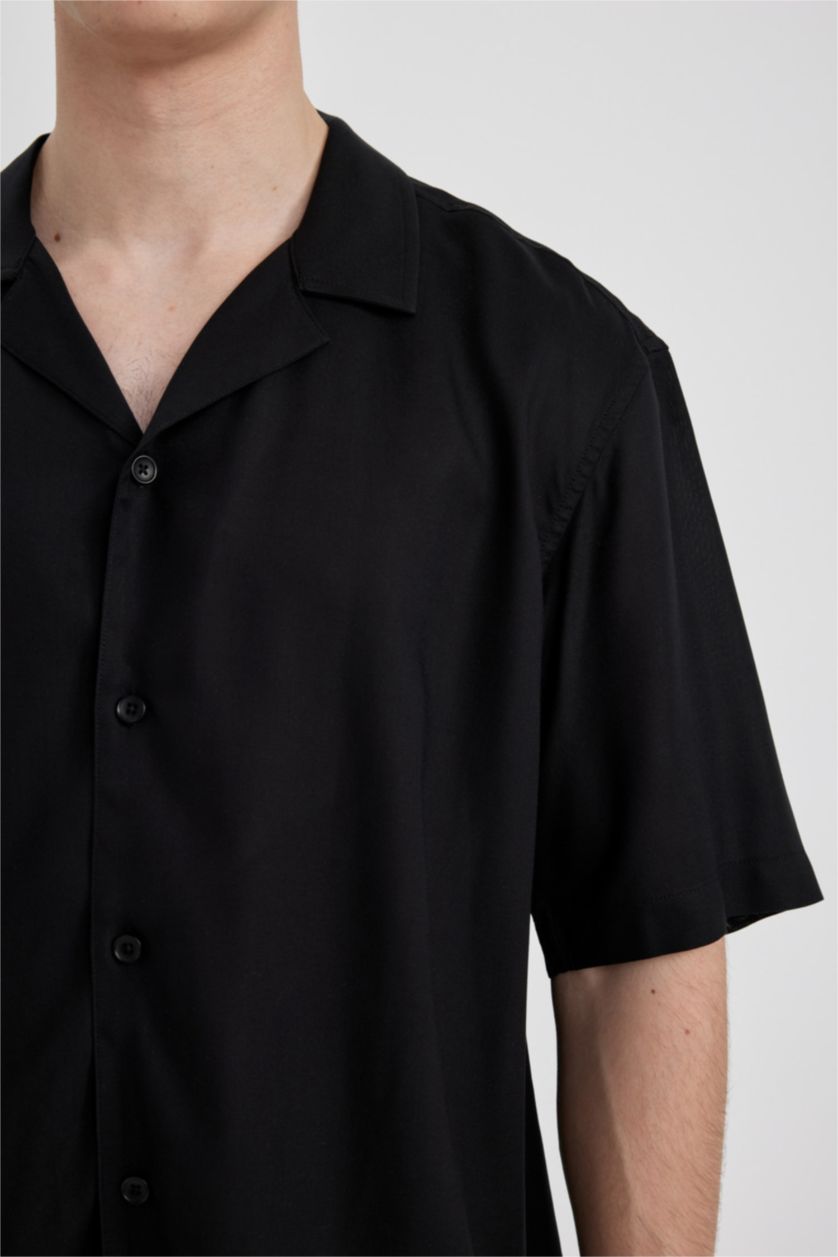 MAN Black Regular Fit Apache Neck Viscose Short Sleeve Shirt