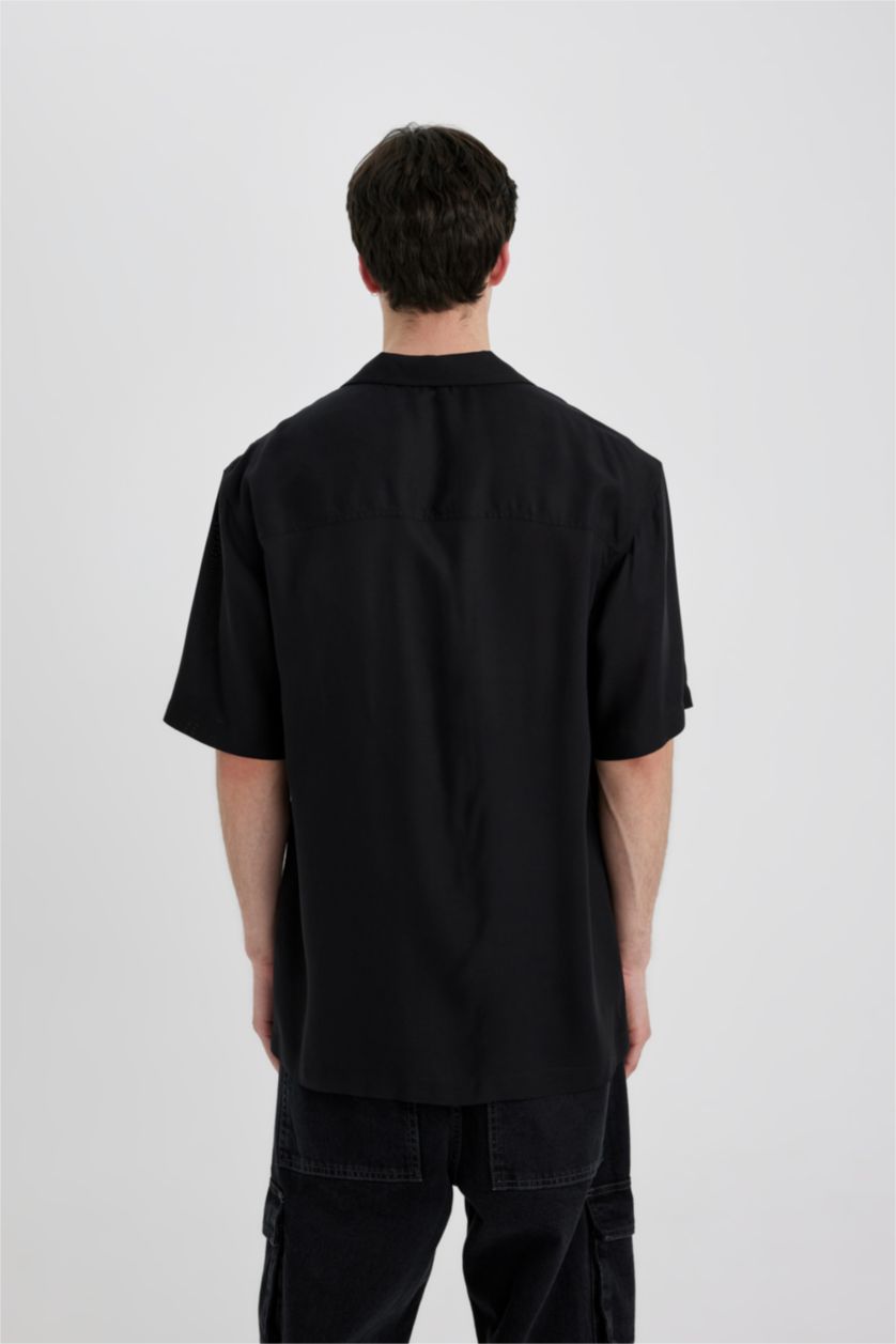 MAN Black Regular Fit Apache Neck Viscose Short Sleeve Shirt