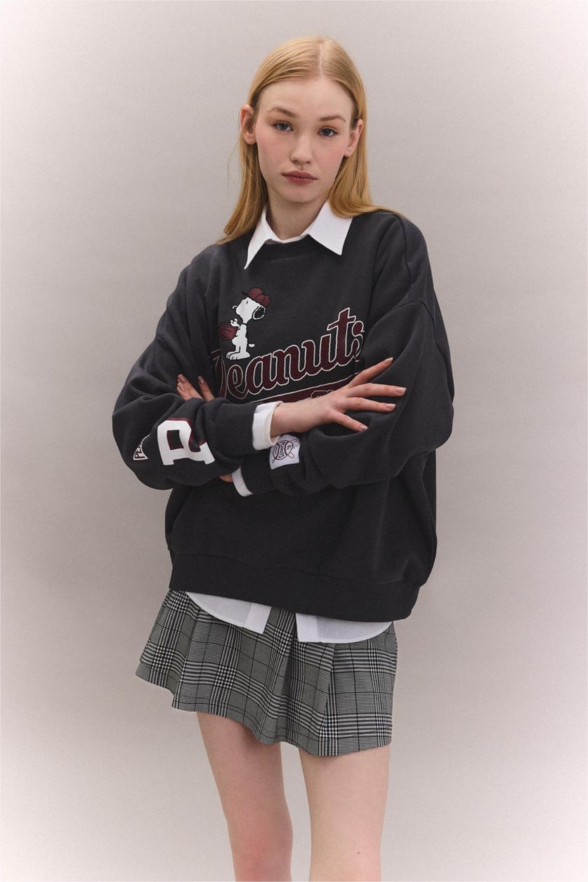 FEMME Anthracite Sweatshirt Oversize Molleton Épais à Col Rond Imprimé Snoopy