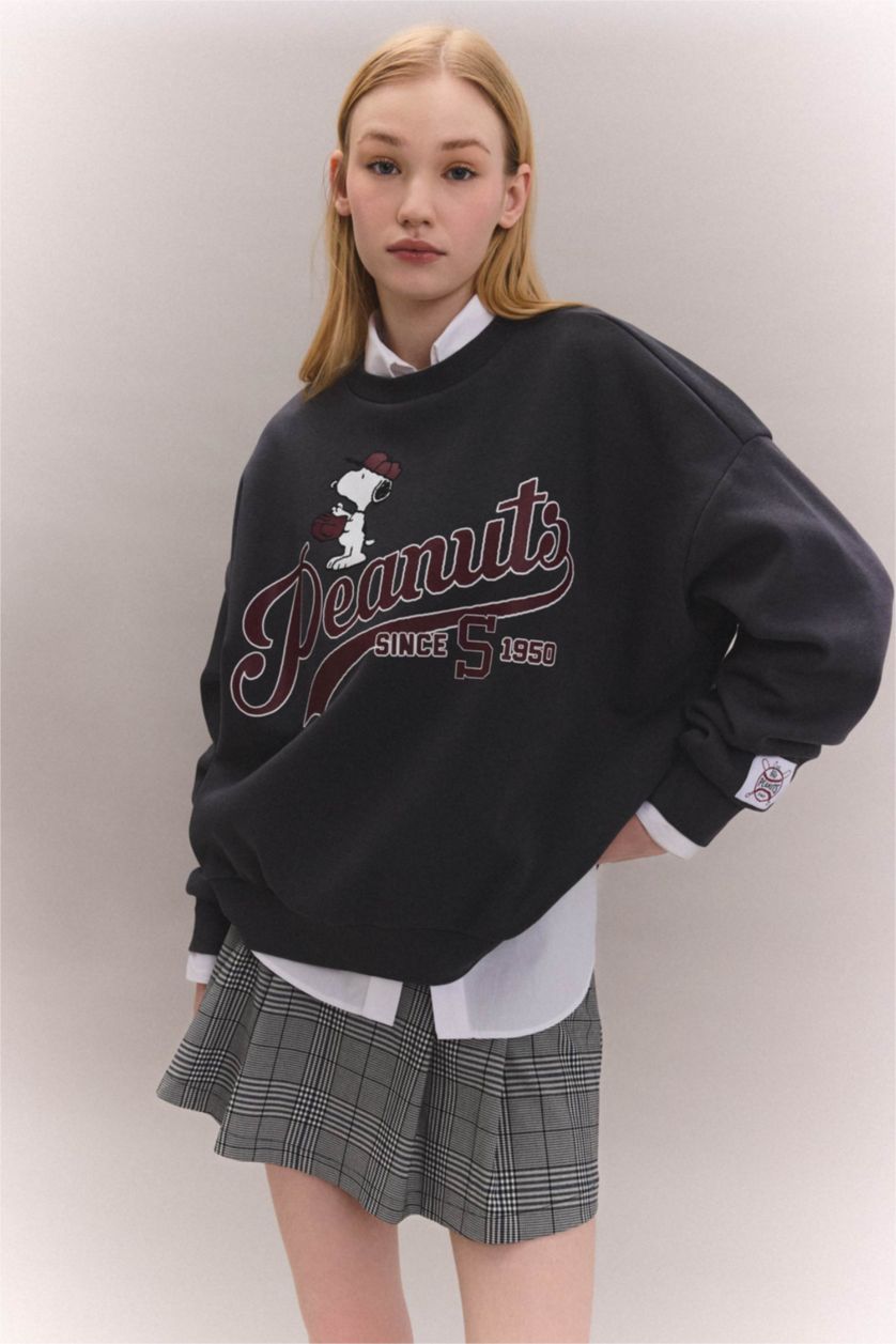 FEMME Anthracite Sweatshirt Oversize Molleton Épais à Col Rond Imprimé Snoopy