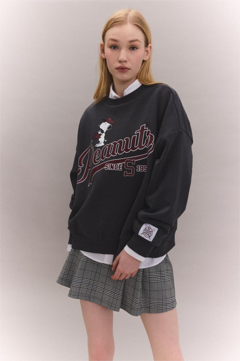 FEMME Anthracite Sweatshirt Oversize Molleton Épais à Col Rond Imprimé Snoopy