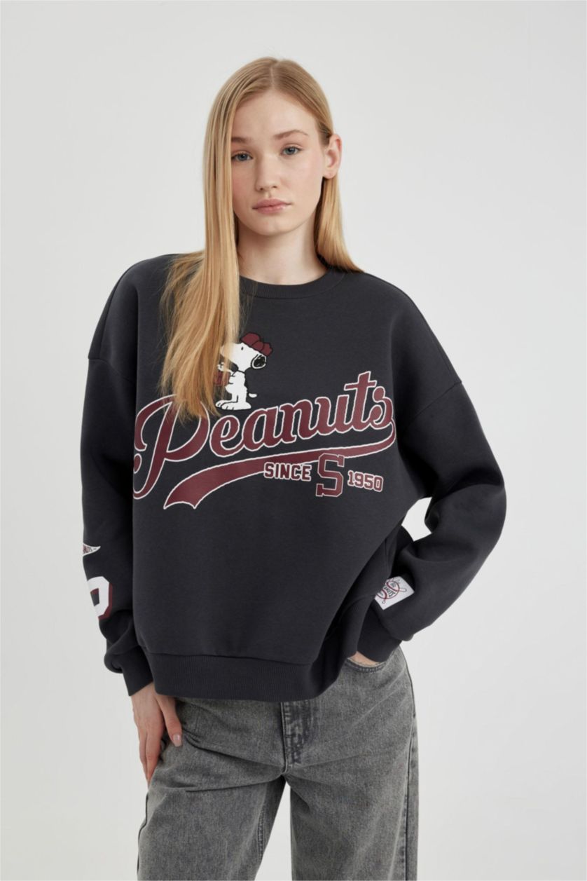 FEMME Anthracite Sweatshirt Oversize Molleton Épais à Col Rond Imprimé Snoopy