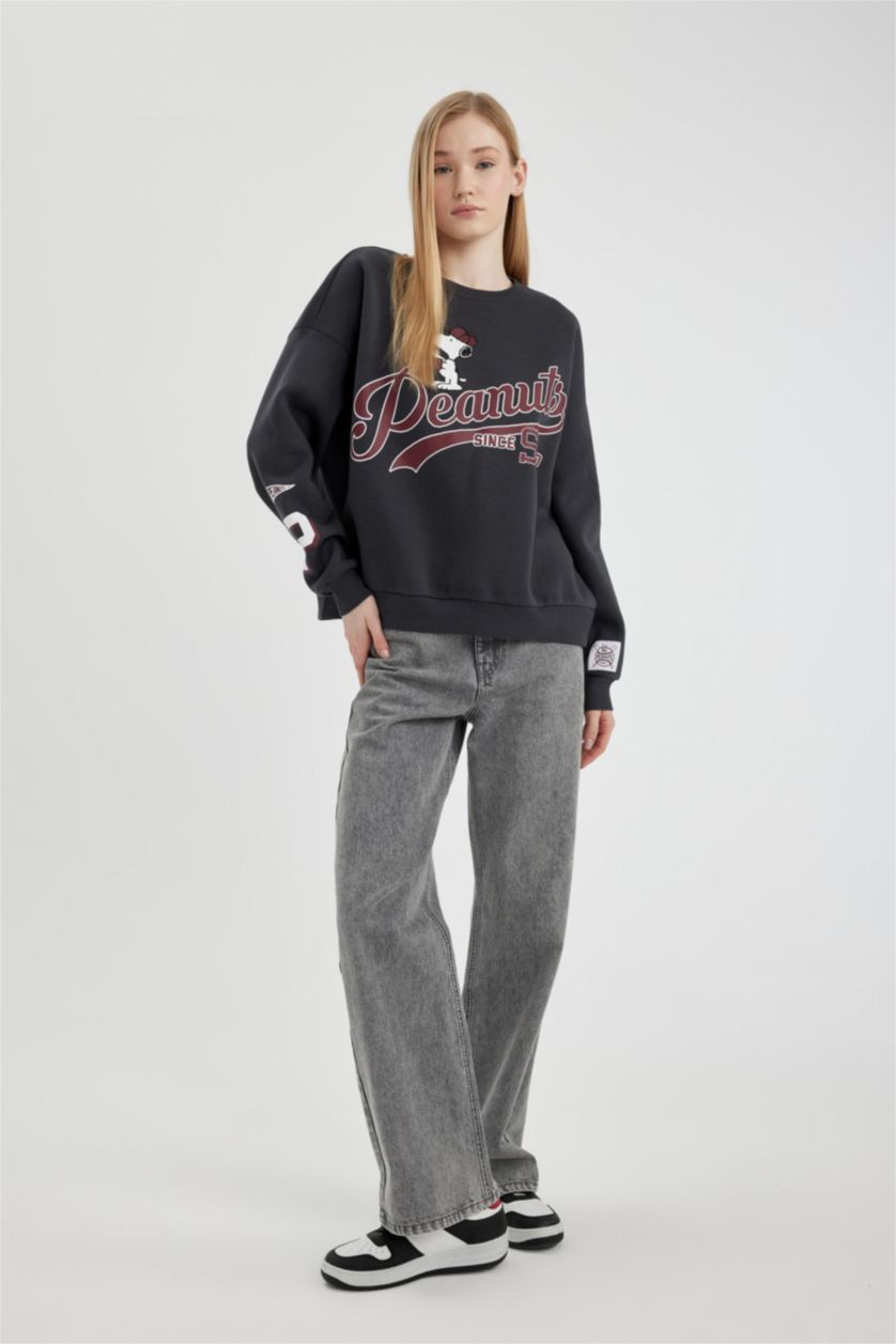 FEMME Anthracite Sweatshirt Oversize Molleton Épais à Col Rond Imprimé Snoopy