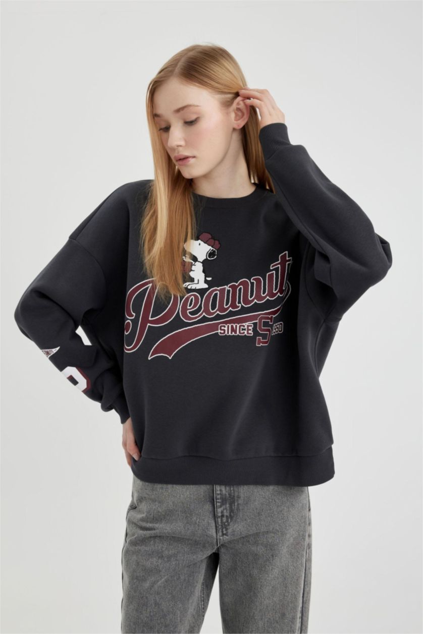 FEMME Anthracite Sweatshirt Oversize Molleton Épais à Col Rond Imprimé Snoopy