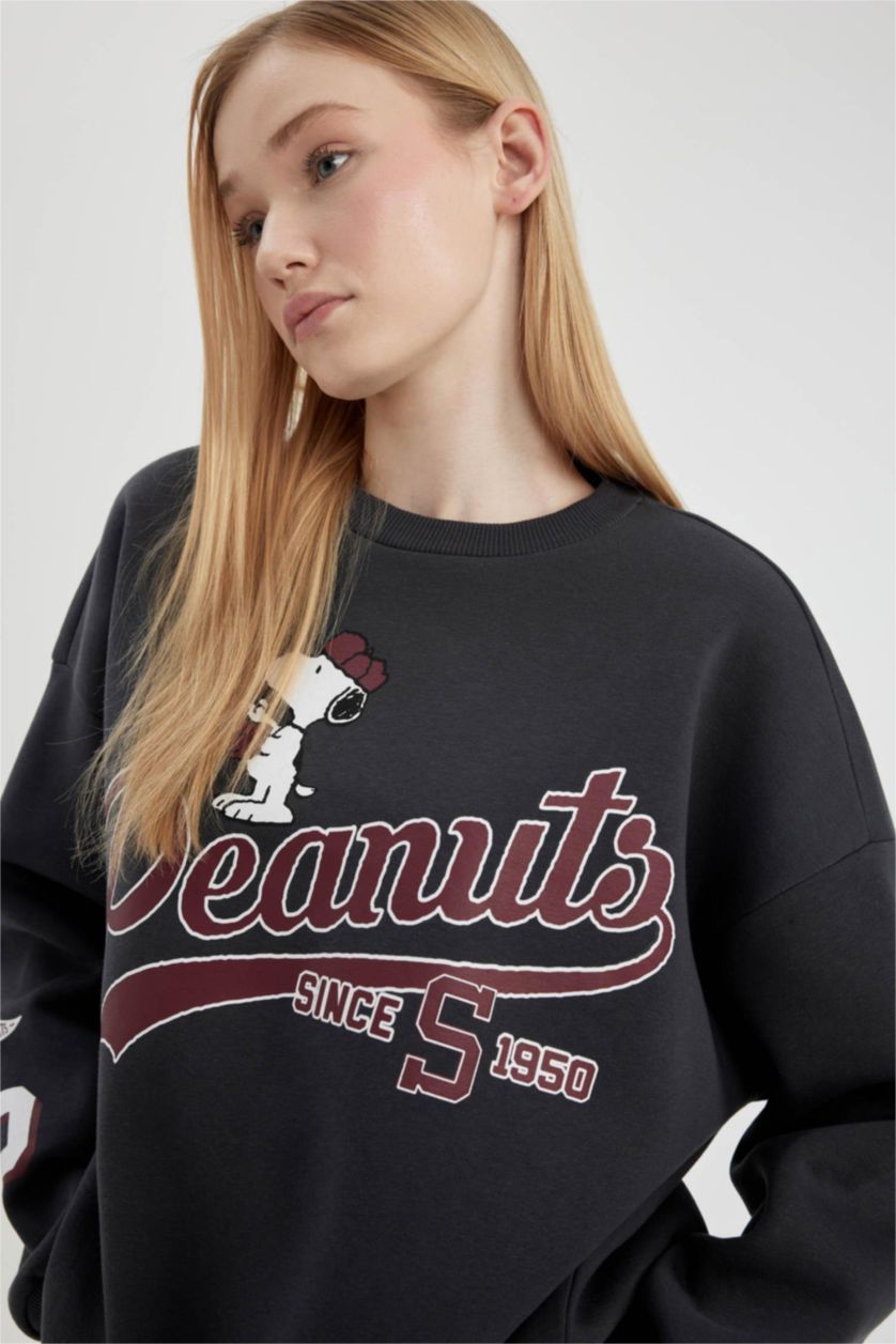 FEMME Anthracite Sweatshirt Oversize Molleton Épais à Col Rond Imprimé Snoopy