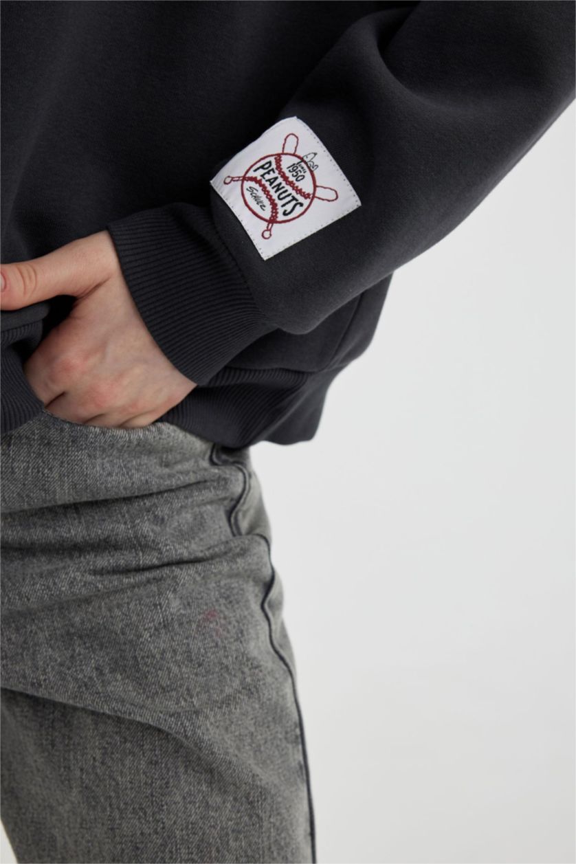 FEMME Anthracite Sweatshirt Oversize Molleton Épais à Col Rond Imprimé Snoopy