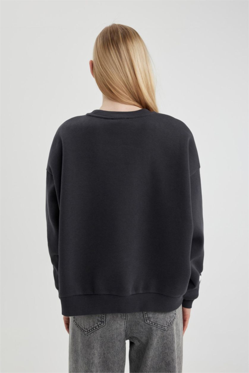 FEMME Anthracite Sweatshirt Oversize Molleton Épais à Col Rond Imprimé Snoopy