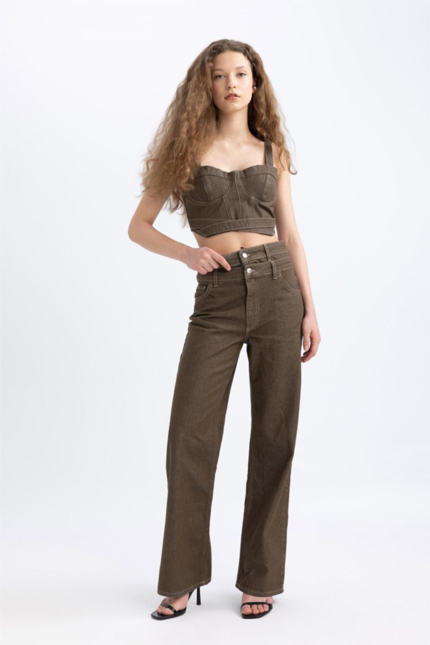 Woman Khaki 90's Wide Leg High Waist Long Jeans