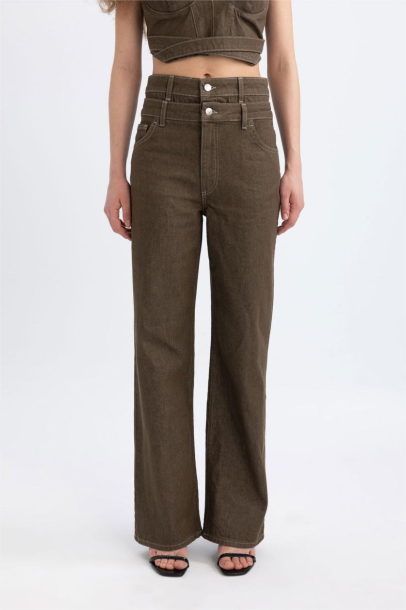 Woman Khaki 90's Wide Leg High Waist Long Jeans