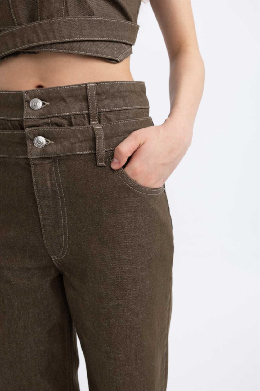 Woman Khaki 90's Wide Leg High Waist Long Jeans