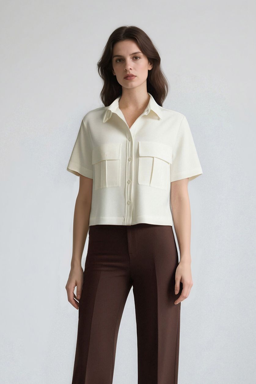 WOMAN Ecru Tencel Short Sleeve Crop Shirt