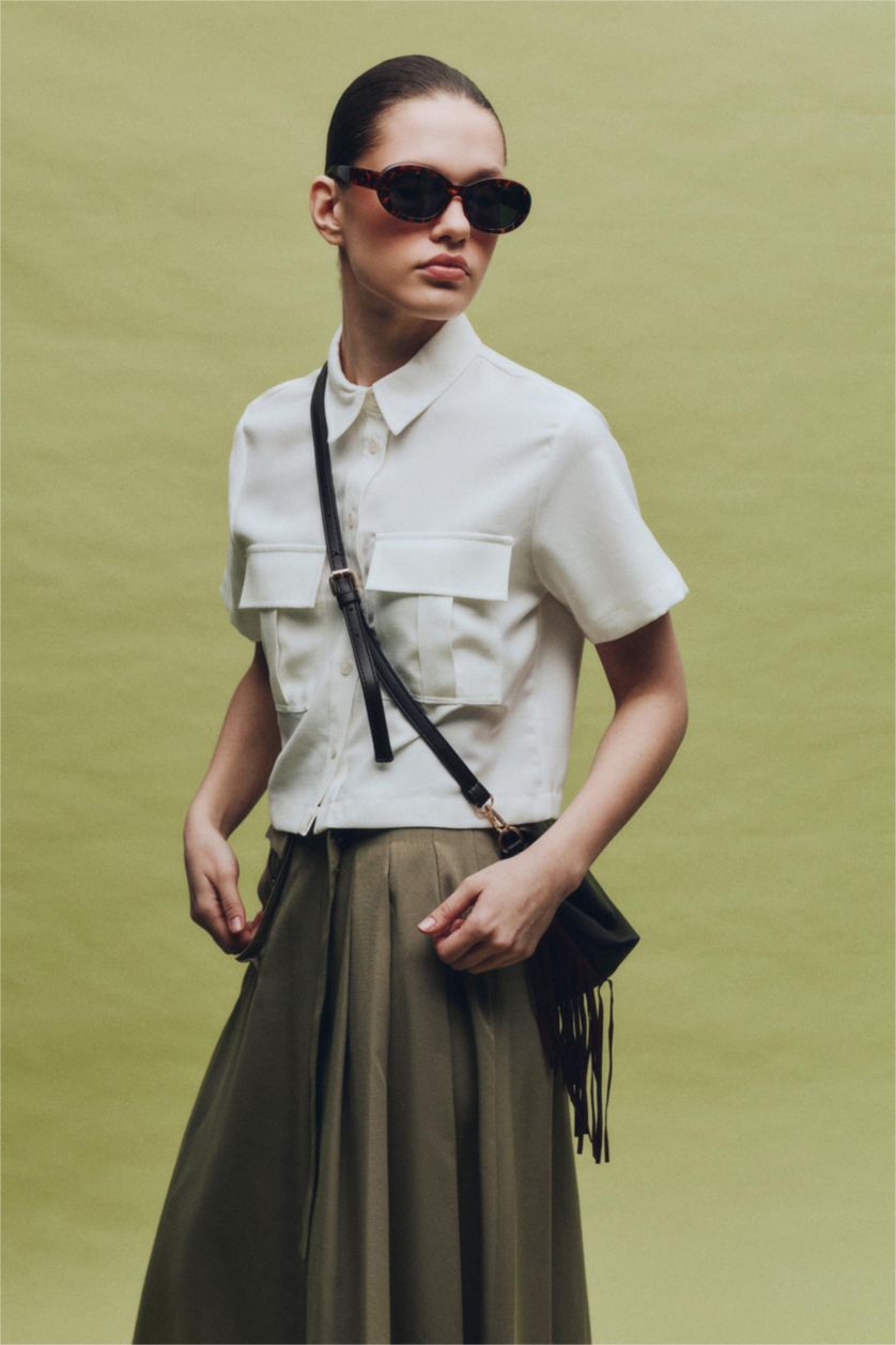 Woman Ecru Tencel Short Sleeve Crop Shirt