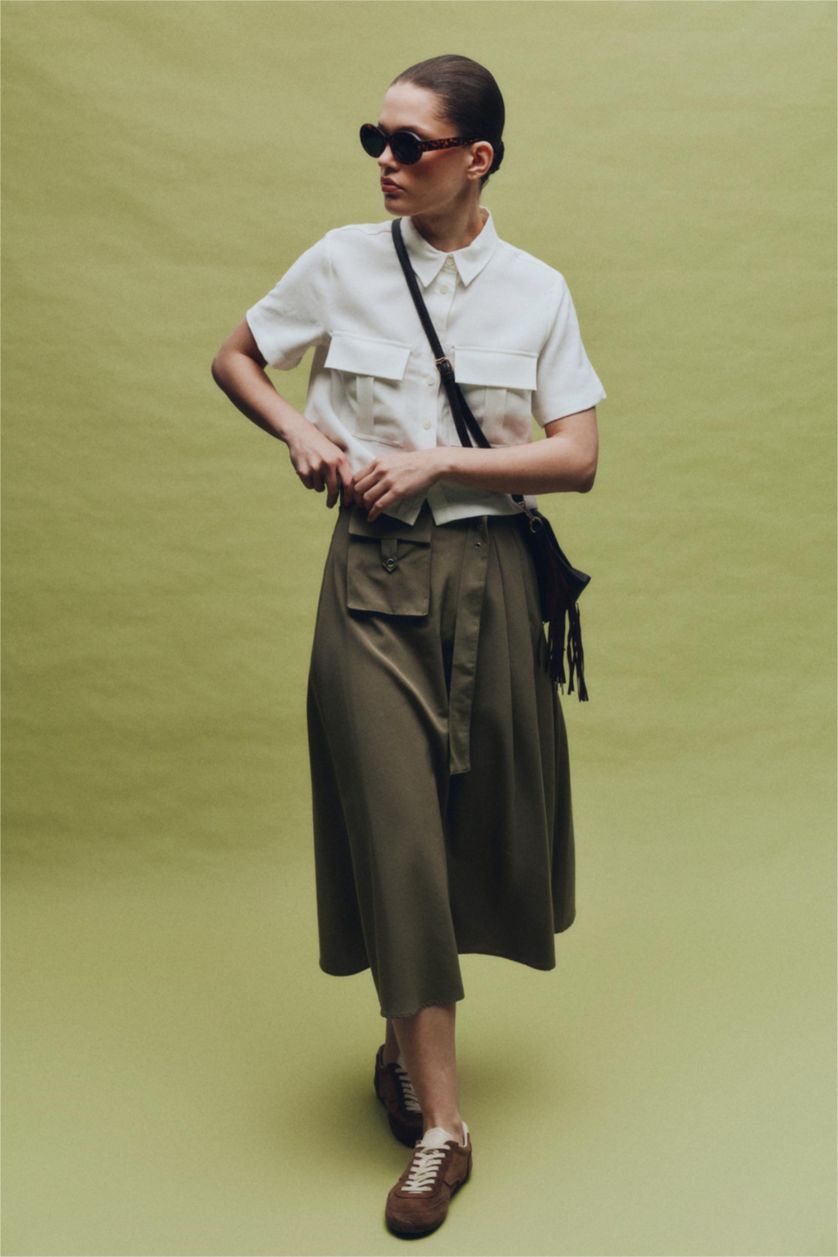 Woman Ecru Tencel Short Sleeve Crop Shirt