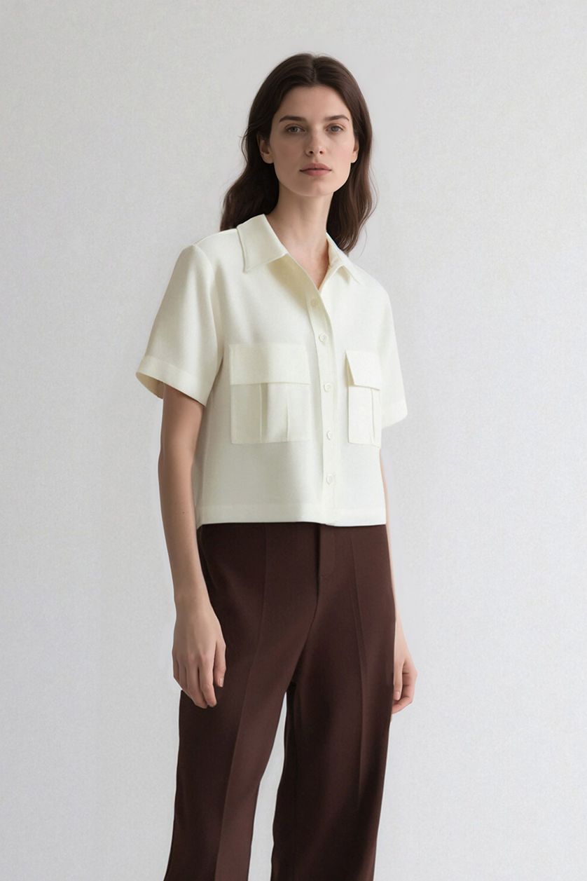 WOMAN Ecru Tencel Short Sleeve Crop Shirt