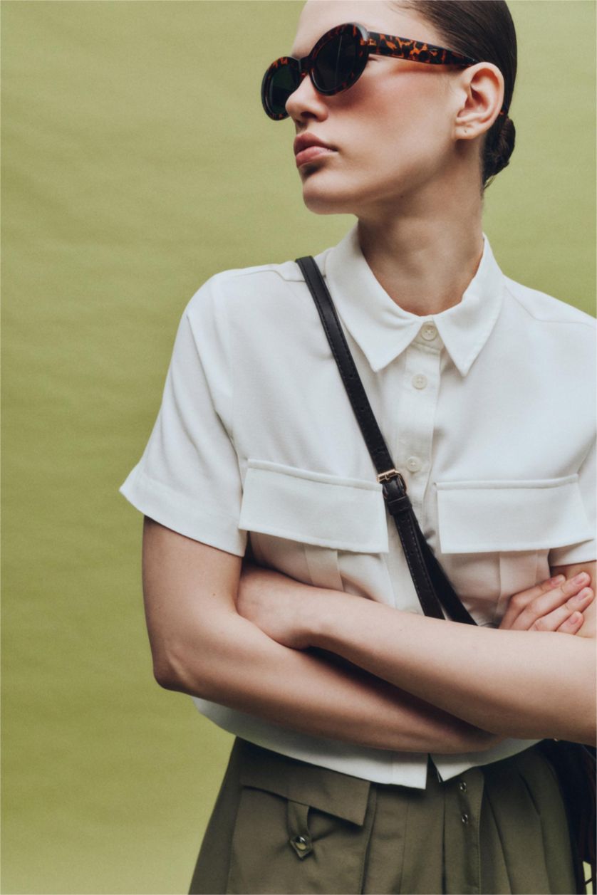 Woman Ecru Tencel Short Sleeve Crop Shirt