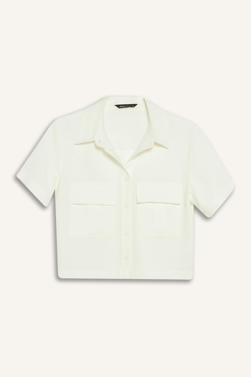 WOMAN Ecru Tencel Short Sleeve Crop Shirt