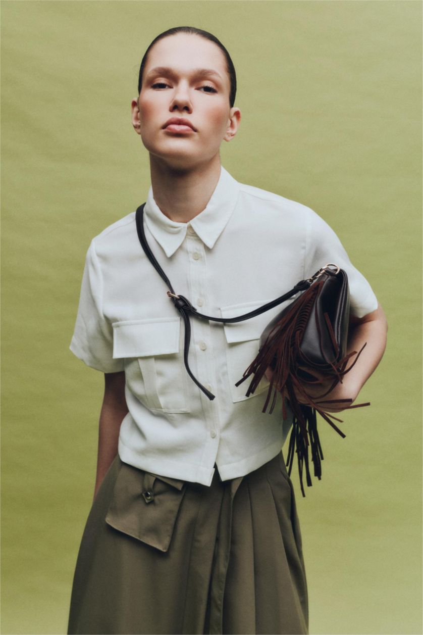 Woman Ecru Tencel Short Sleeve Crop Shirt