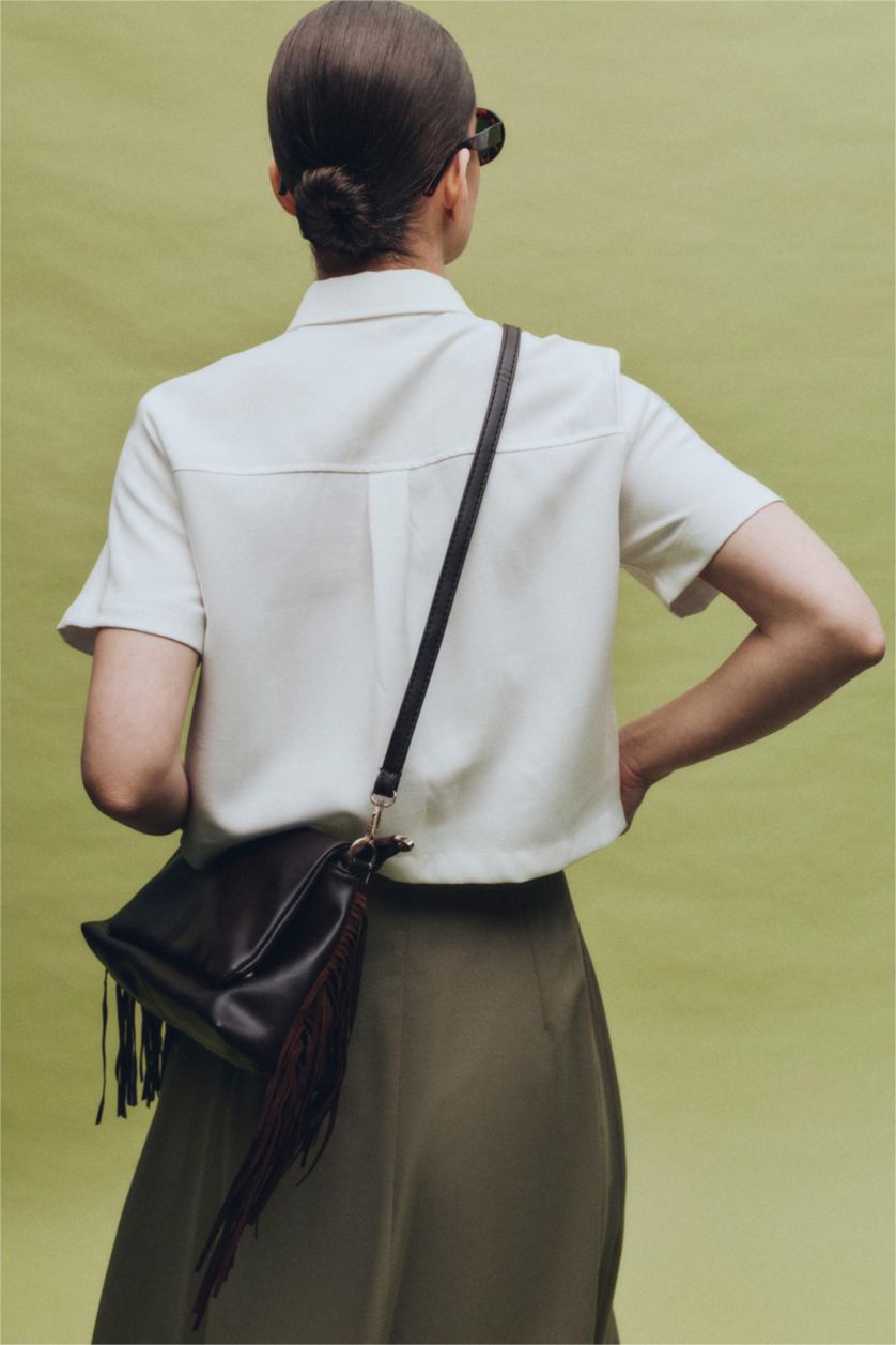 Woman Ecru Tencel Short Sleeve Crop Shirt