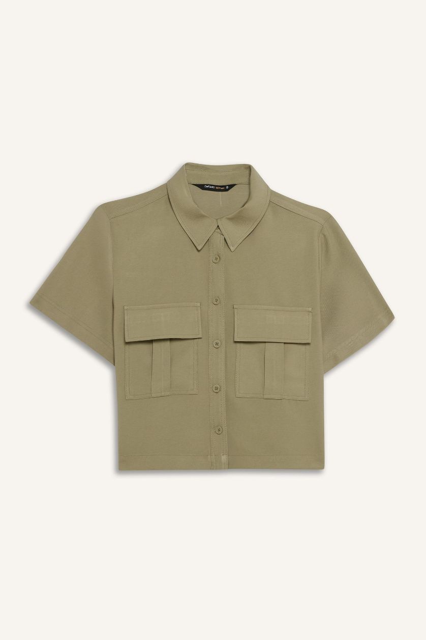 Kadın Açık Haki Crop Cepli Tencel Kısa Kollu Gömlek