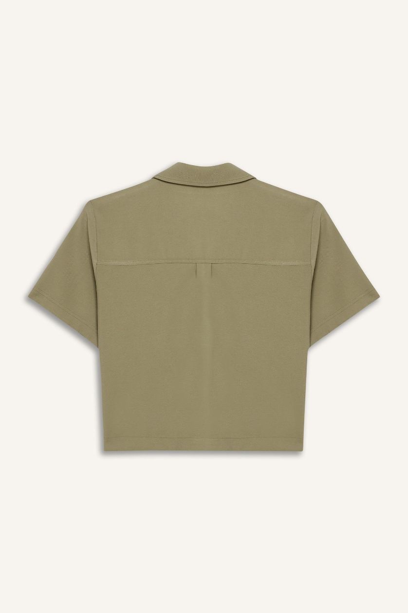 Kadın Açık Haki Crop Cepli Tencel Kısa Kollu Gömlek