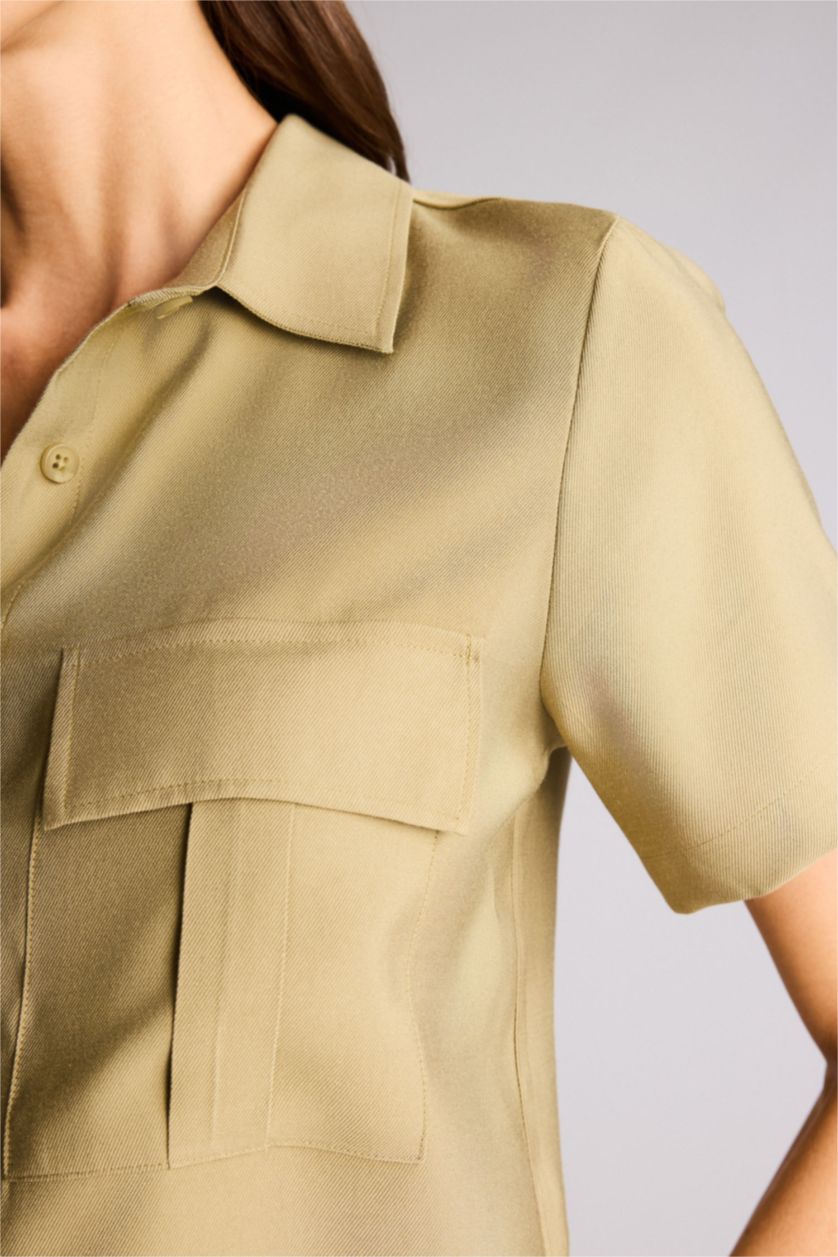 Kadın Haki Cropped Fıt Gömlek Yaka Tencel Kısa Kollu Gömlek