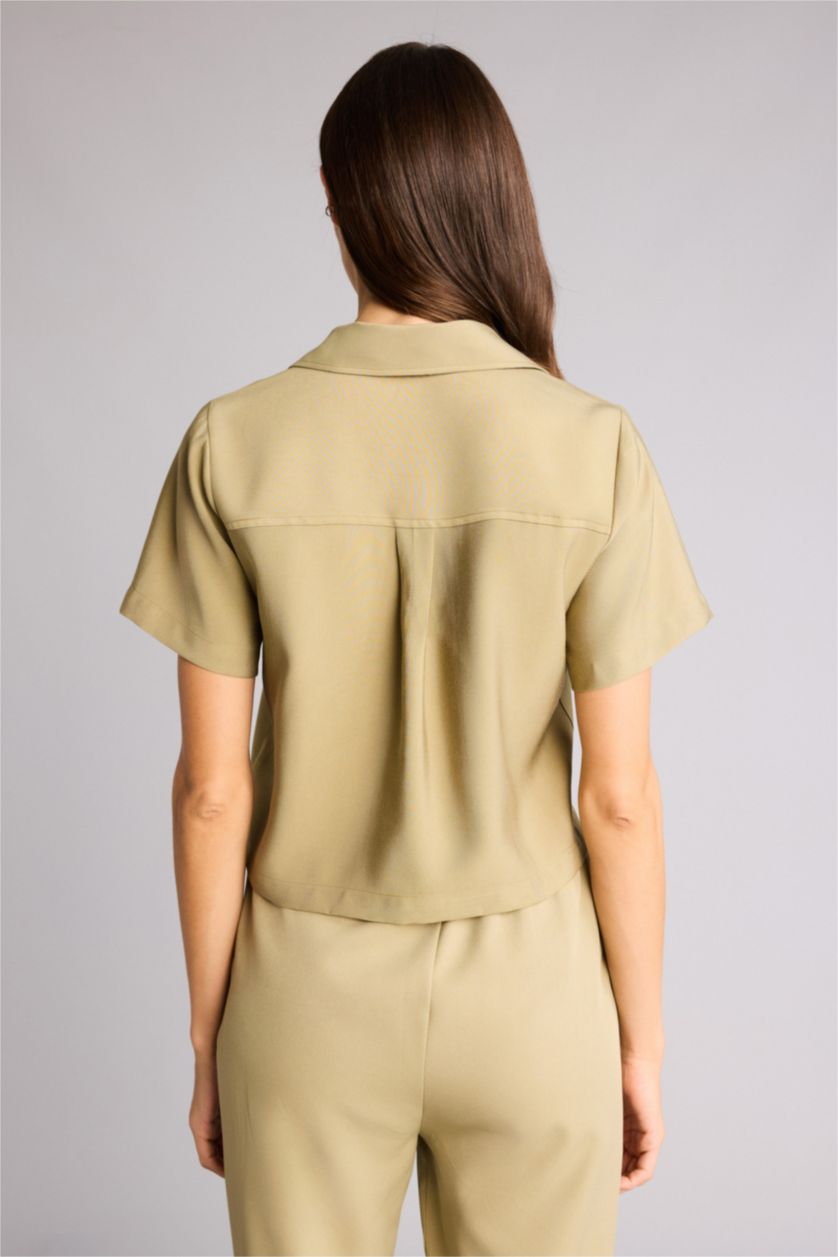 Kadın Haki Cropped Fıt Gömlek Yaka Tencel Kısa Kollu Gömlek