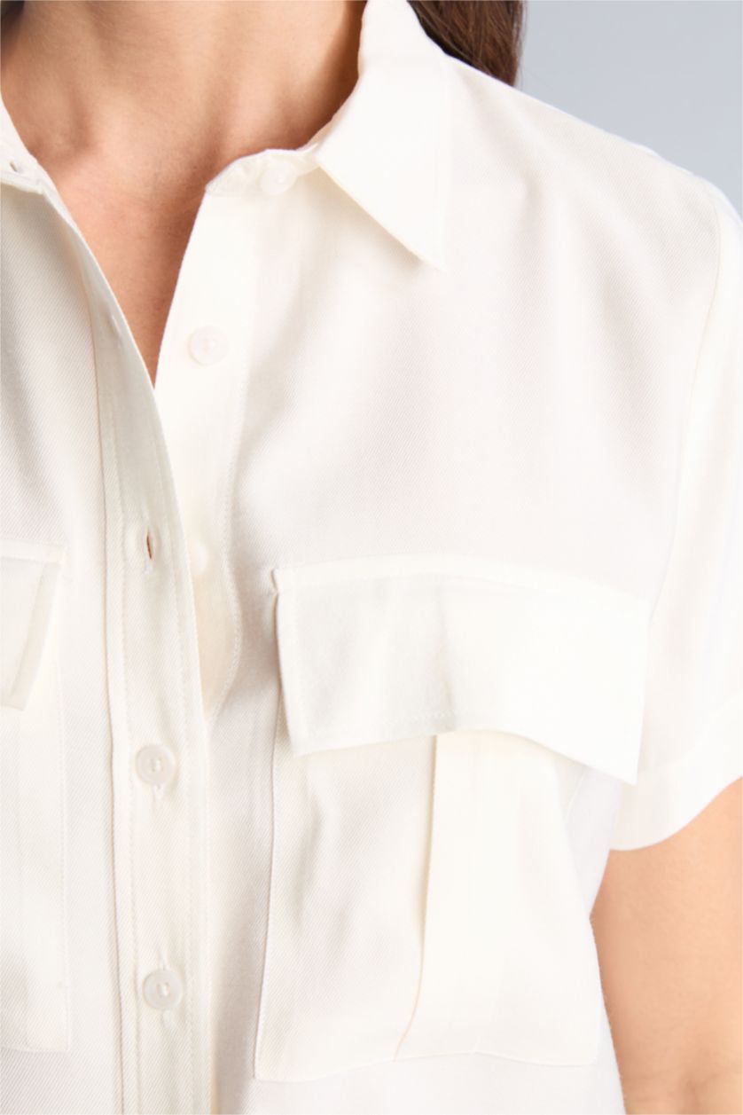 Kadın Kırık Beyaz Cropped Fıt Tencel Kısa Kollu Gömlek