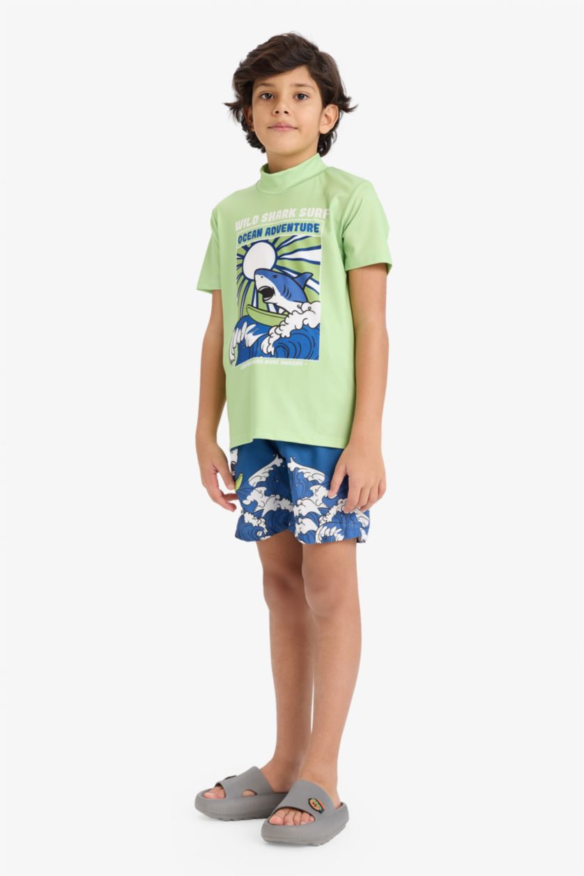 Erkek Çocuk - Genç Erkek Koyu Mavi Erkek Çocuk Baskılı Kısa Kollu Şortlu 2'li Mayo Takım