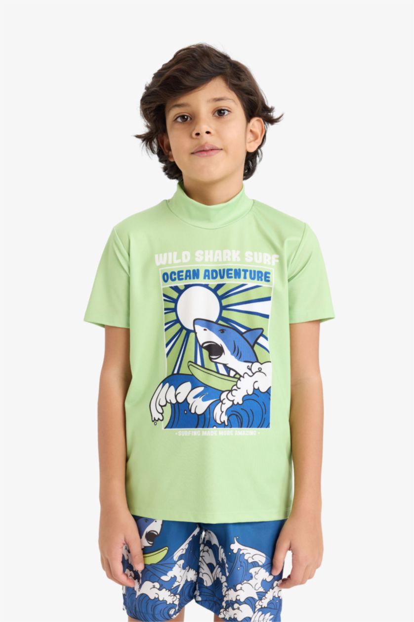 Erkek Çocuk - Genç Erkek Koyu Mavi Erkek Çocuk Baskılı Kısa Kollu Şortlu 2'li Mayo Takım