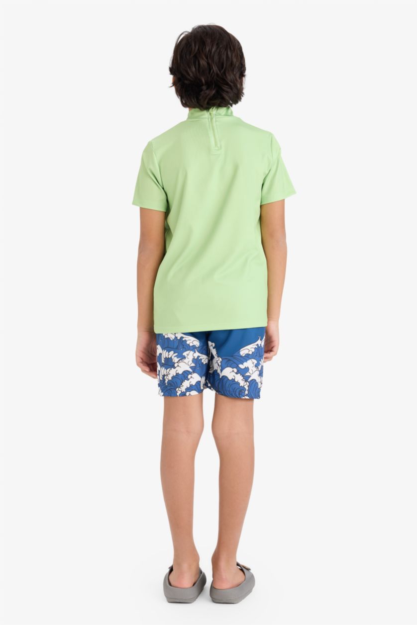 Erkek Çocuk - Genç Erkek Koyu Mavi Erkek Çocuk Baskılı Kısa Kollu Şortlu 2'li Mayo Takım