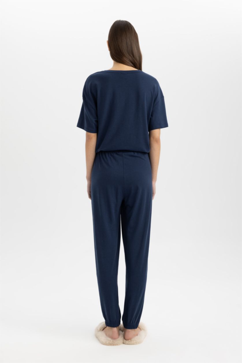 نساء كحلي سروال بيجاما مخطط قصة عادية