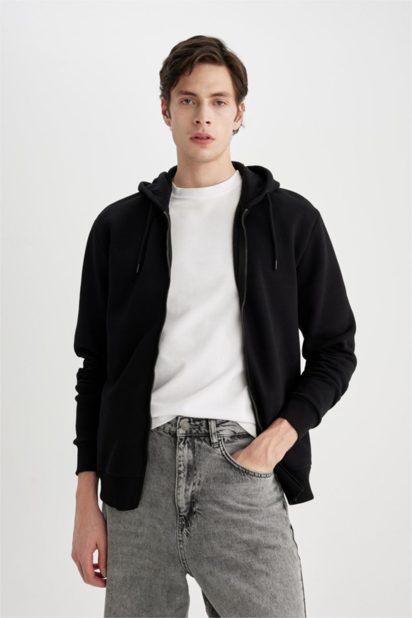 HOMME Noir Sweat à capuche noir basique zippé à Coupe regulière