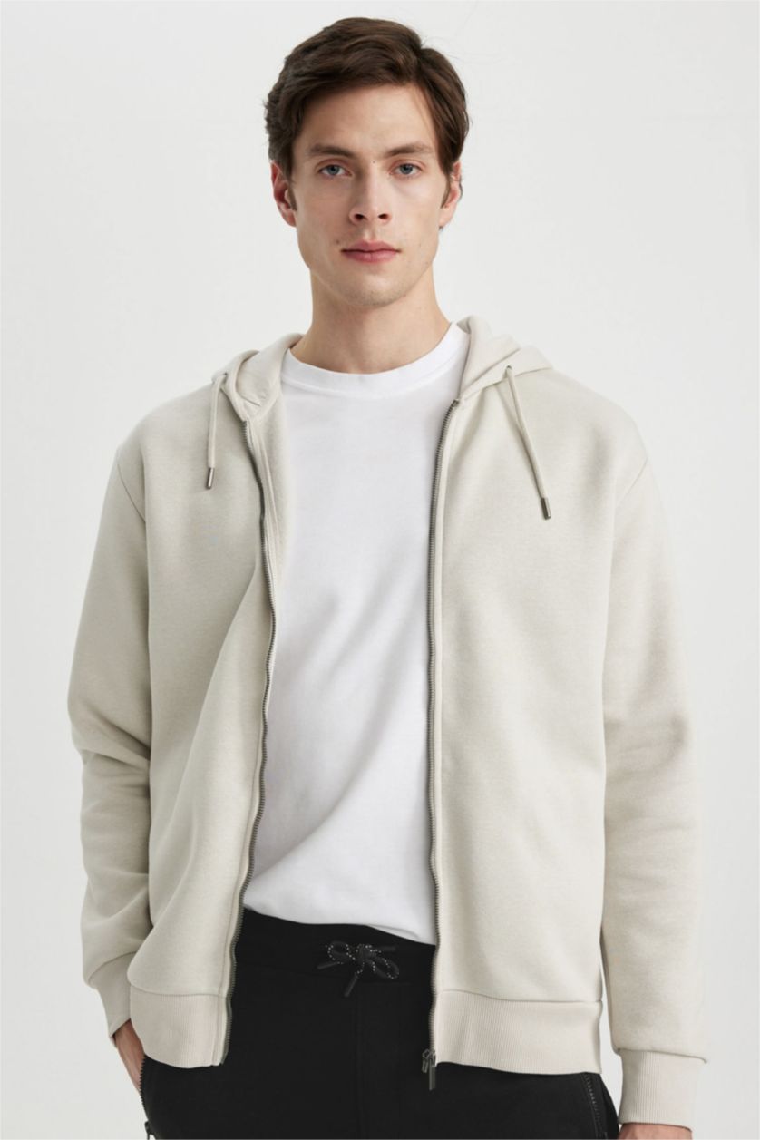 Erkek Taş New Regular Fit Kapüşonlu Basic Düz Fermuarlı Sweatshirt