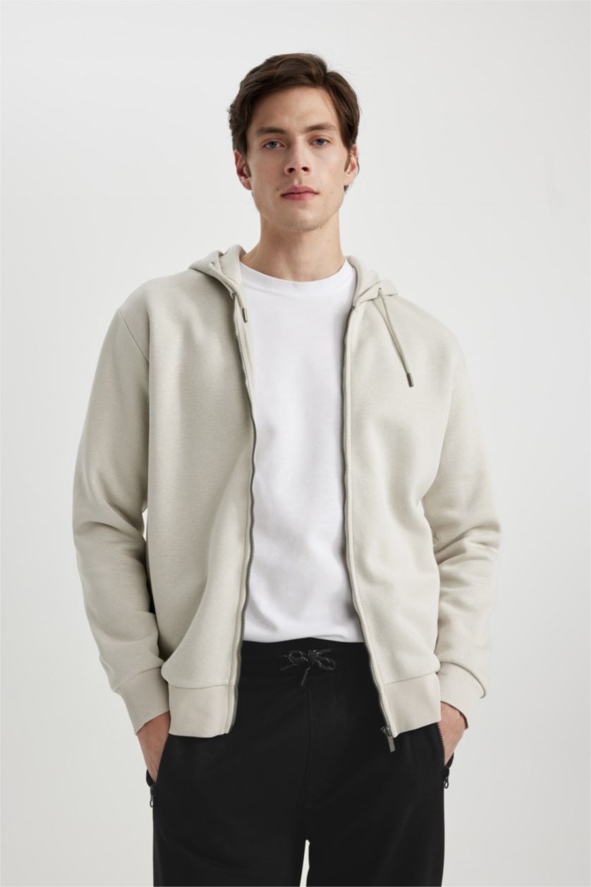 Erkek Taş New Regular Fit Kapüşonlu Basic Düz Fermuarlı Sweatshirt