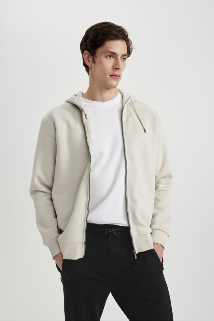 Erkek Taş New Regular Fit Kapüşonlu Basic Düz Fermuarlı Sweatshirt