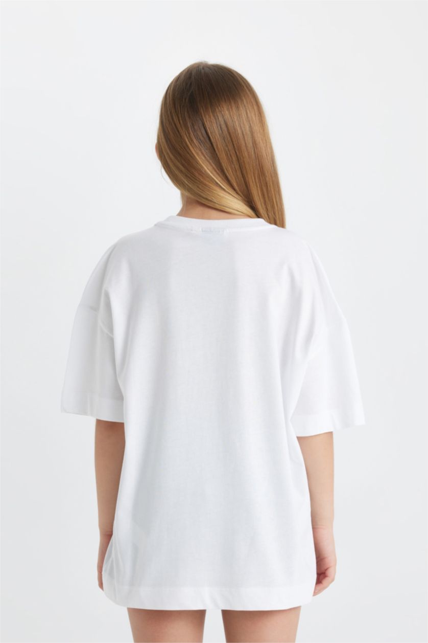 Kız Çocuk - Genç Kız Beyaz Kız Çocuk NBA Wordmark Oversize Geniş Kalıp Bisiklet Yaka Kısa Kollu Tişört