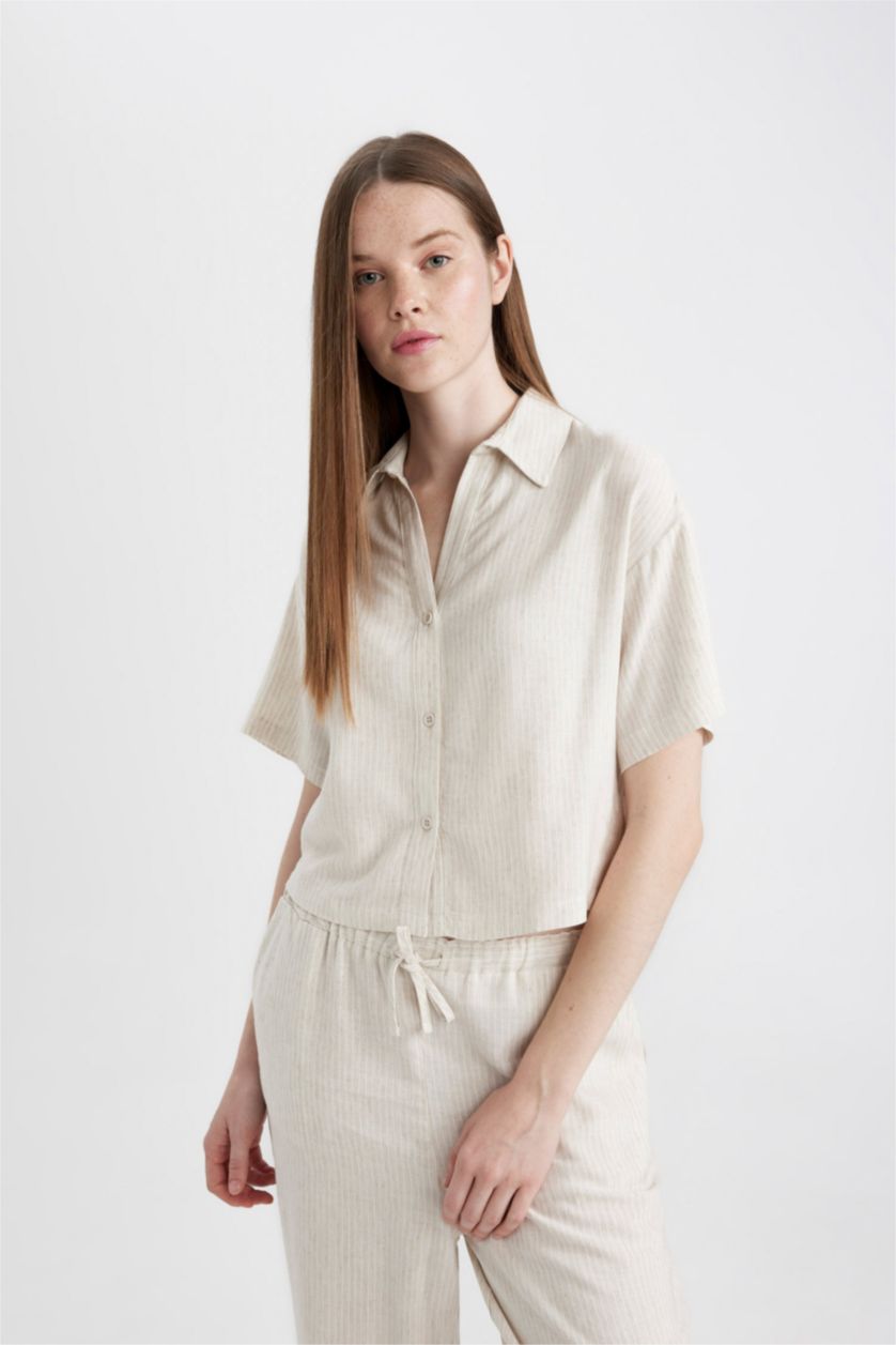 Kadın Bej Oversize Geniş Kalıp Kısa Kollu Gömlek