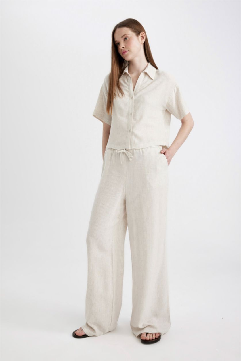 Kadın Bej Oversize Geniş Kalıp Kısa Kollu Gömlek