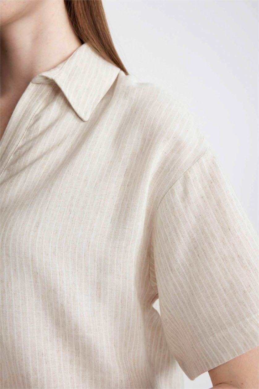 Kadın Bej Oversize Geniş Kalıp Kısa Kollu Gömlek