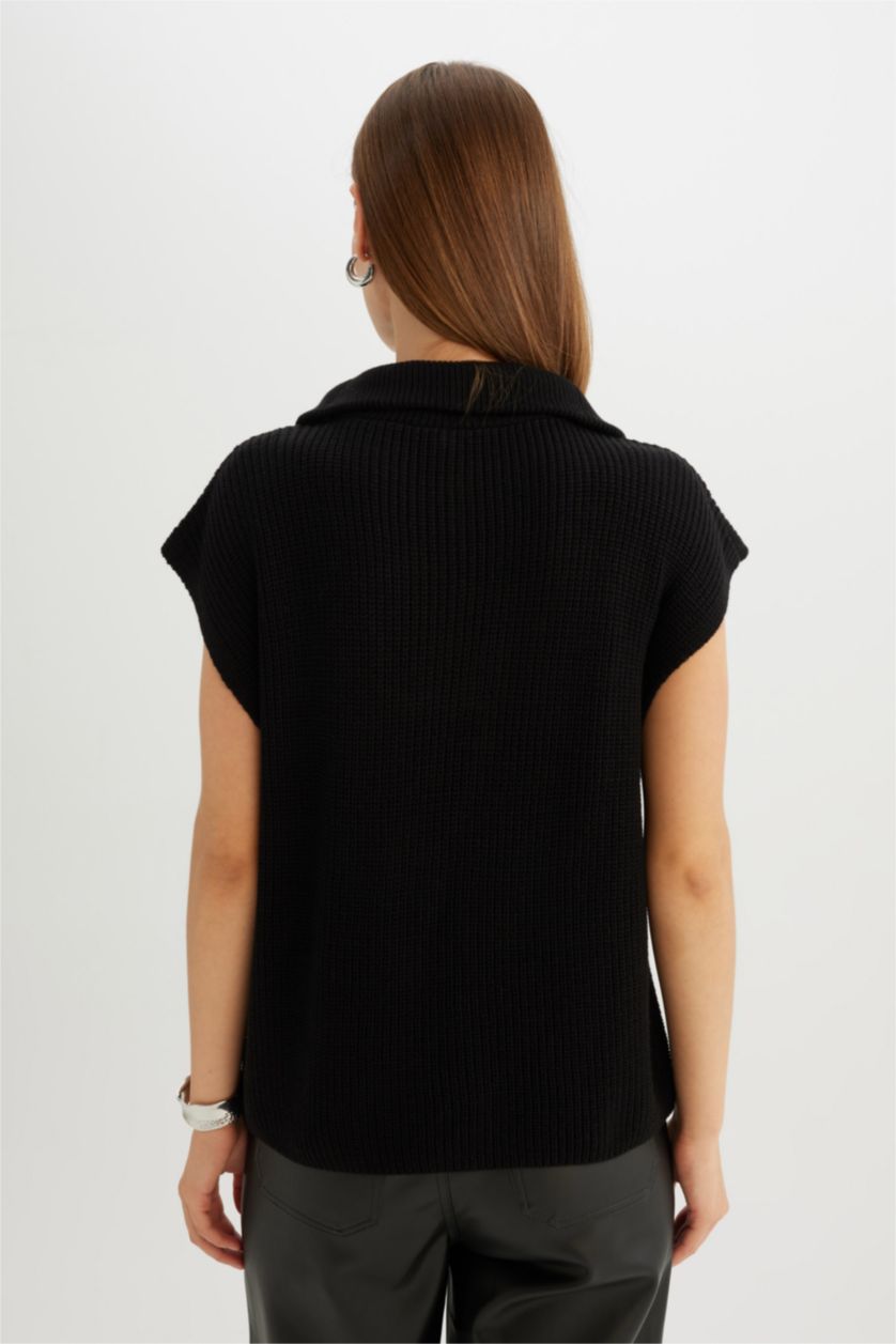 Kadın Siyah Relax Fit Fermuarlı Dik Yaka Selanik Kumaş Siyah Triko Süveter