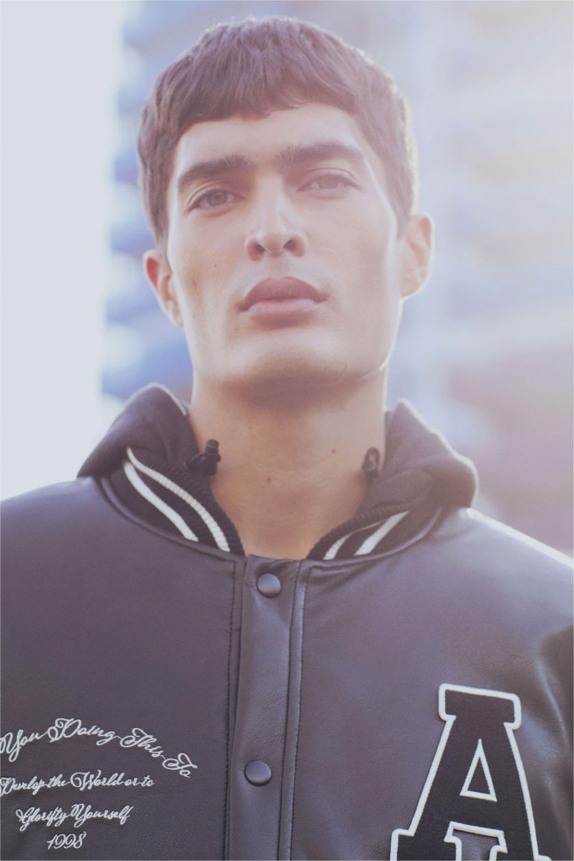 MAN Black Boy Oversize Fit Removable Hooded Light Thin Faux Leather Bomber Jacket