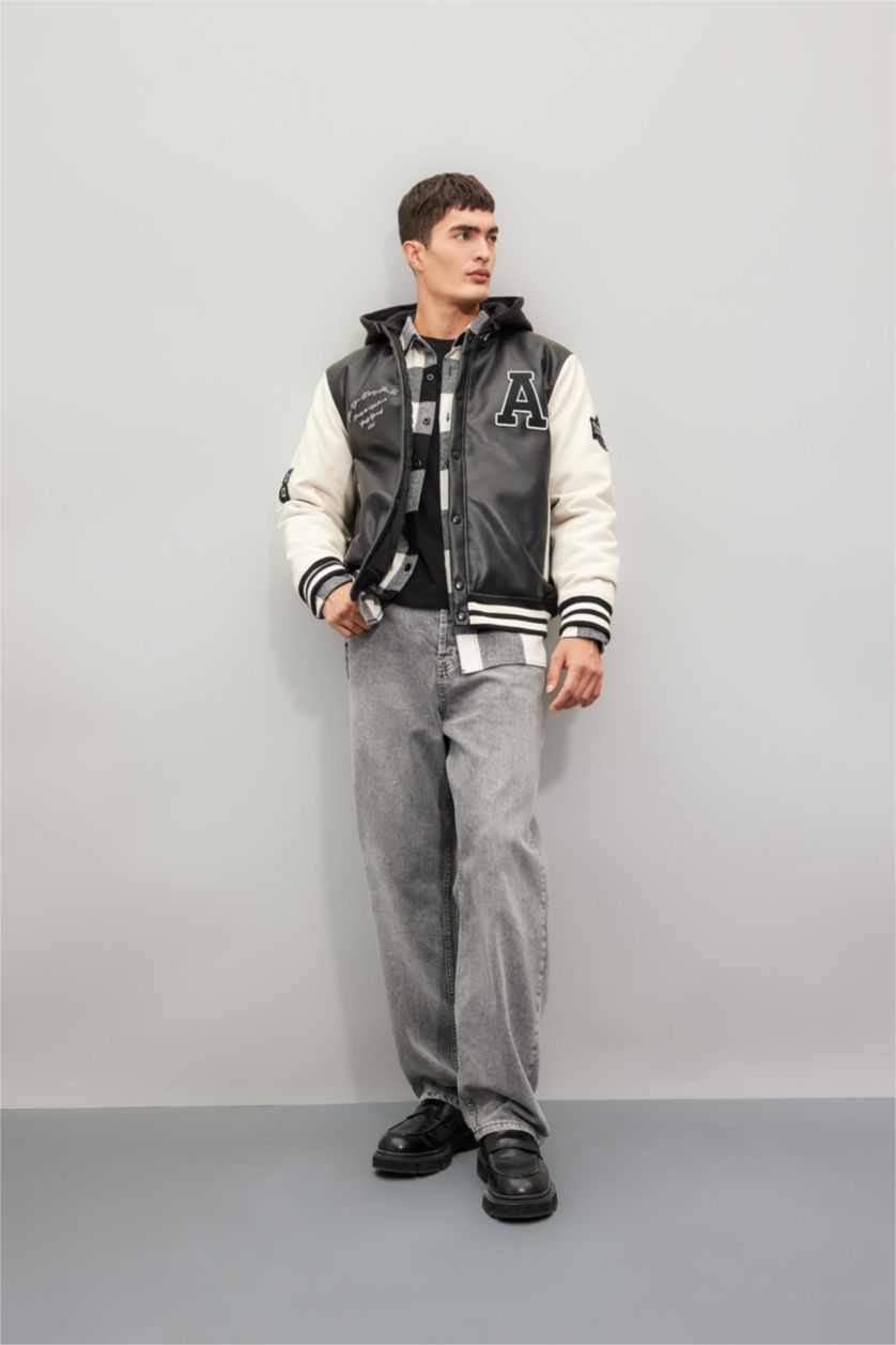 MAN Black Boy Oversize Fit Removable Hooded Light Thin Faux Leather Bomber Jacket